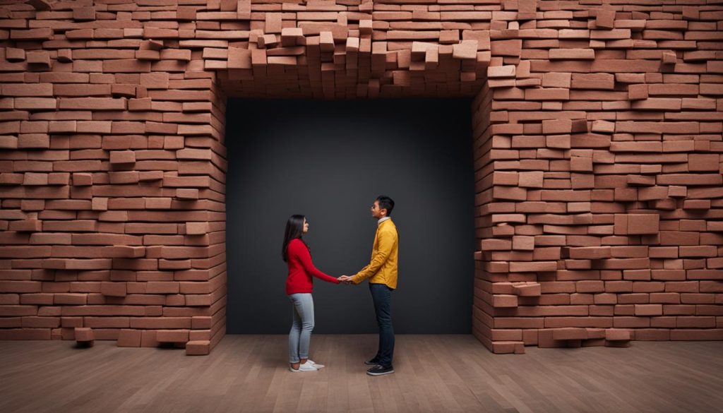 an image depicting a couple separated by a giant wall of bricks, with each brick representing a different obstacle to communication. The bricks could be labeled with words such as "defensiveness," "misunderstandings," "judgment," and "ego." The couple should be shown looking at each other longingly but unable to reach each other due to the wall.