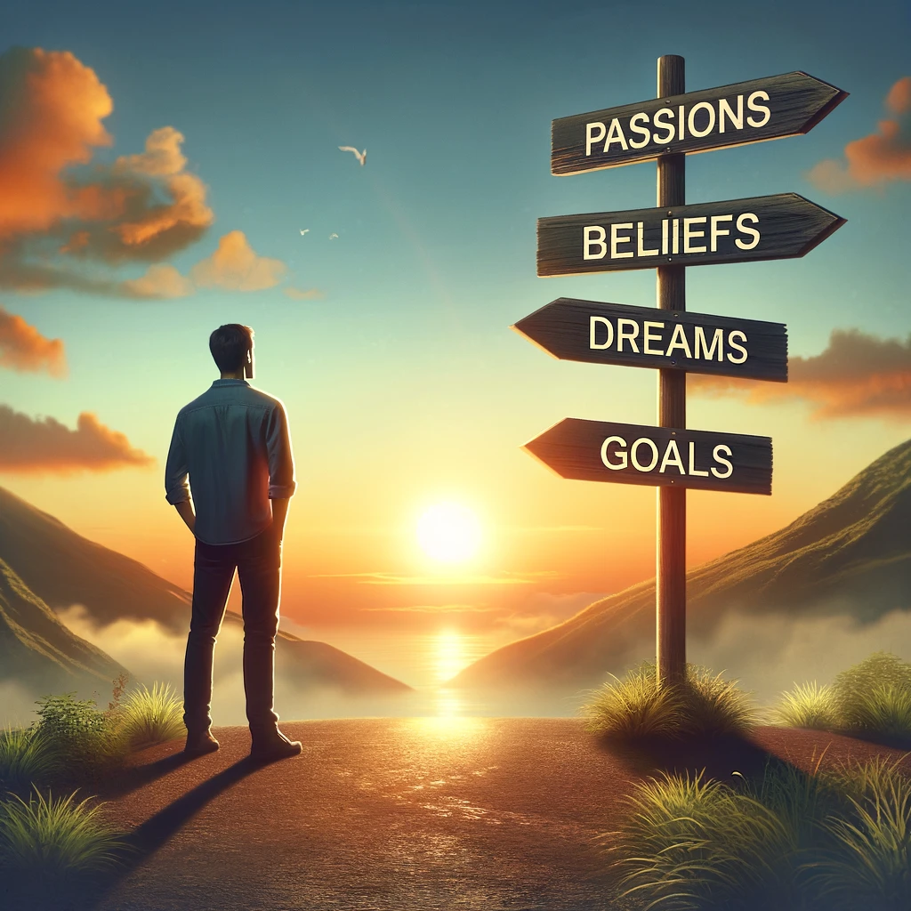 Man standing by sign saying passions, beliefs, dreams, goals