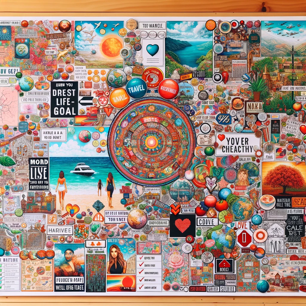 A colorful and detailed manifestation board highlighting various life goals. The board is filled with vibrant images, motivational quotes, and symbols