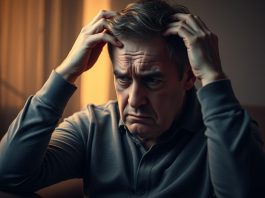 A middle-aged man sitting in a dimly lit room, his facial expression showing distress and frustration. His hands are clutching his head, evoking a sense of mental anguish. The background is a hazy, out-of-focus scene, conveying a sense of isolation and emotional turmoil. The lighting is somber, with a warm, muted tone, creating an atmosphere of introspection and melancholy. The overall composition emphasizes the man's internal struggle with the symptoms of bipolar disorder, such as mood swings, anxiety, and feelings of hopelessness.