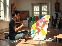A serene studio filled with natural light, where a person sits cross-legged on the floor, brushes in hand, painting a vibrant canvas. Splashes of color dance across the surface, reflecting their inner emotional journey. Easels and art supplies line the periphery, creating a creative and contemplative atmosphere. The subject is immersed in the therapeutic process, their face expressing a sense of calm focus and personal growth. Soft shadows and warm tones envelope the scene, conveying a sense of introspection and self-expression through the power of art.